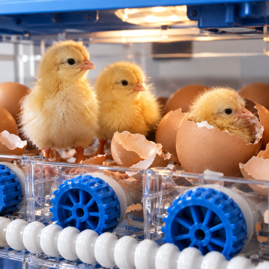 Three newly hatched chicks among cracked eggshells on the incubator tray