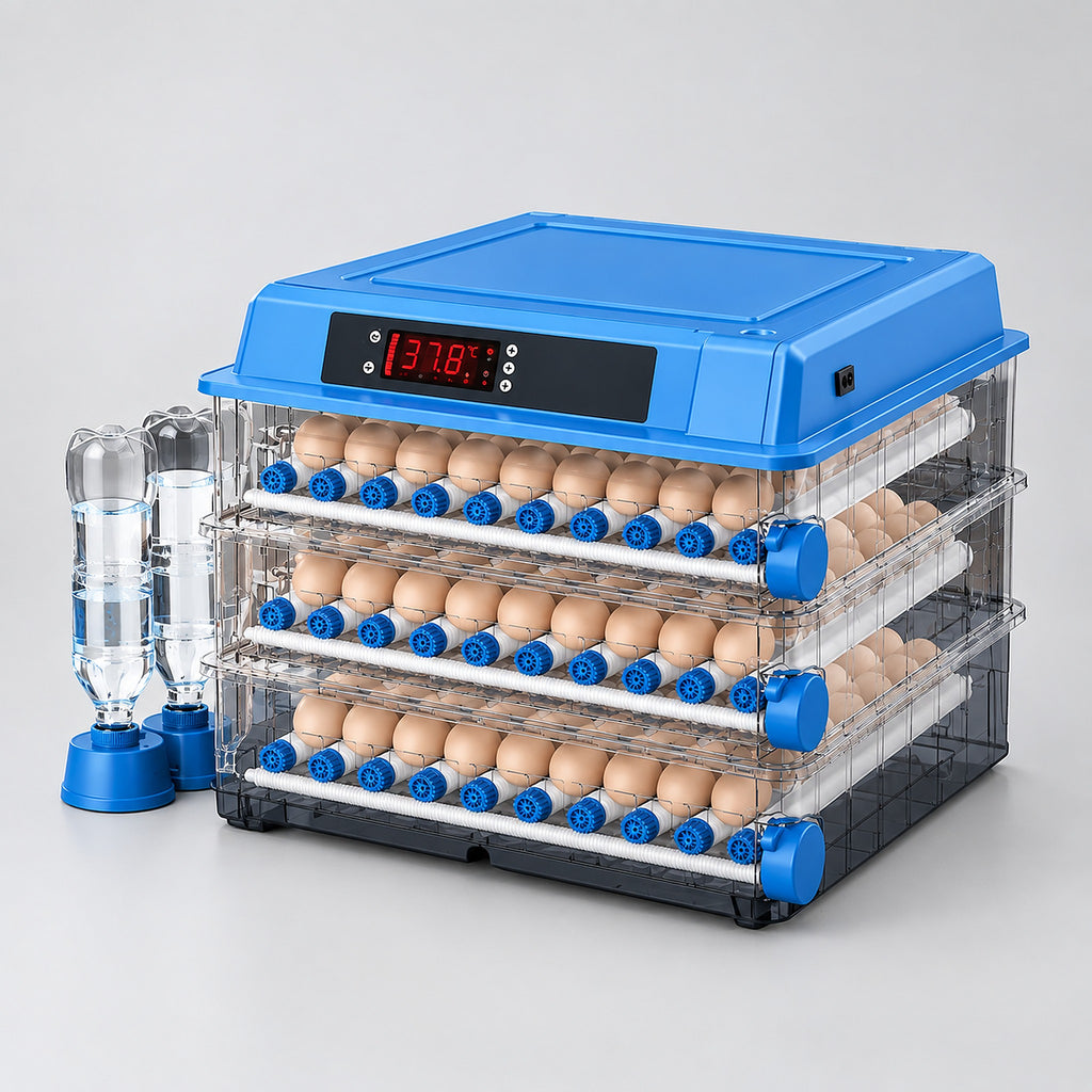 Ovatekly Home 48-egg automatic incubator on a light grey studio background, with its two external water bottles