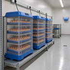 Three 300-egg Ovatekly incubators running side by side on a steel rack in a dedicated incubation room