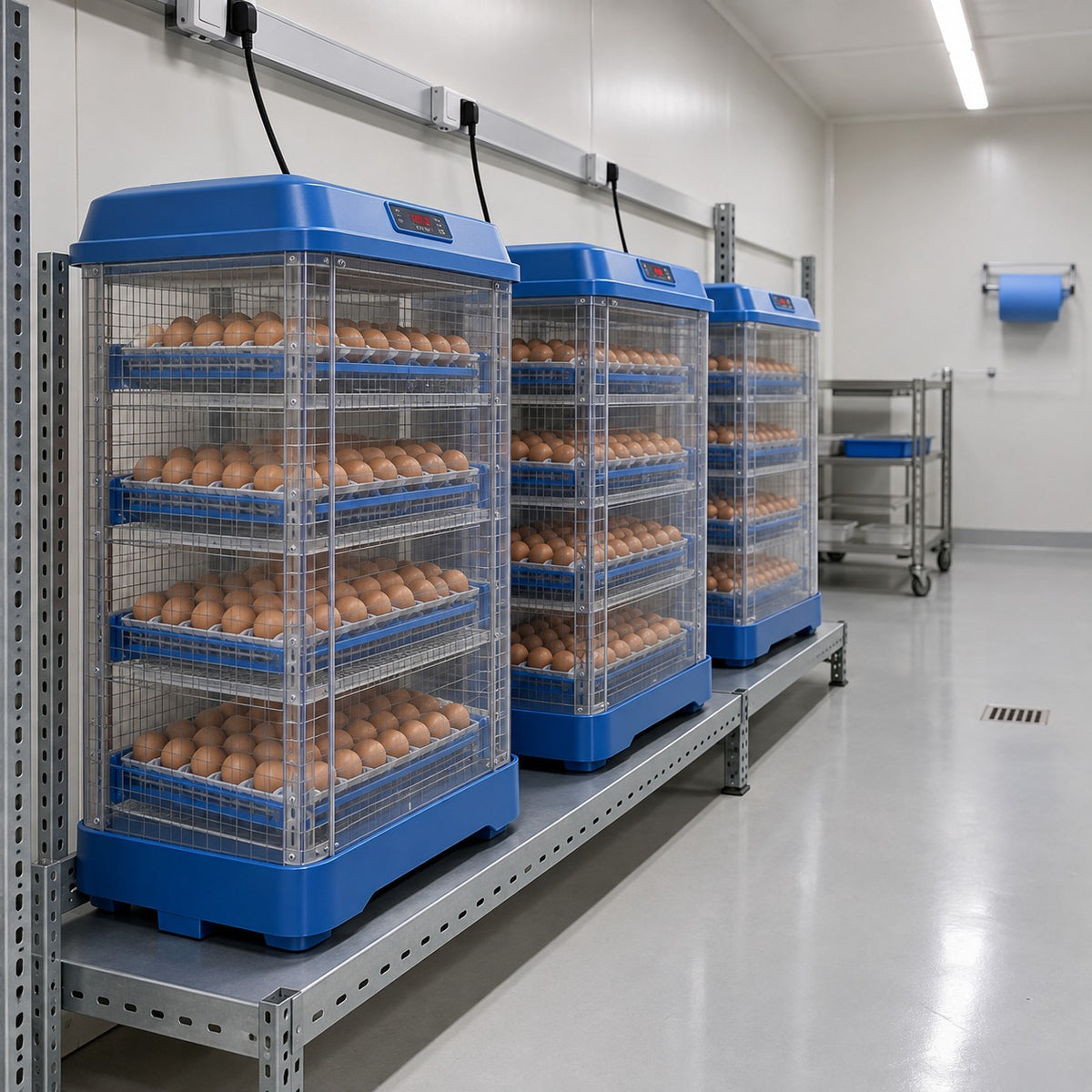 Three 300-egg Ovatekly incubators running side by side on a steel rack in a dedicated incubation room