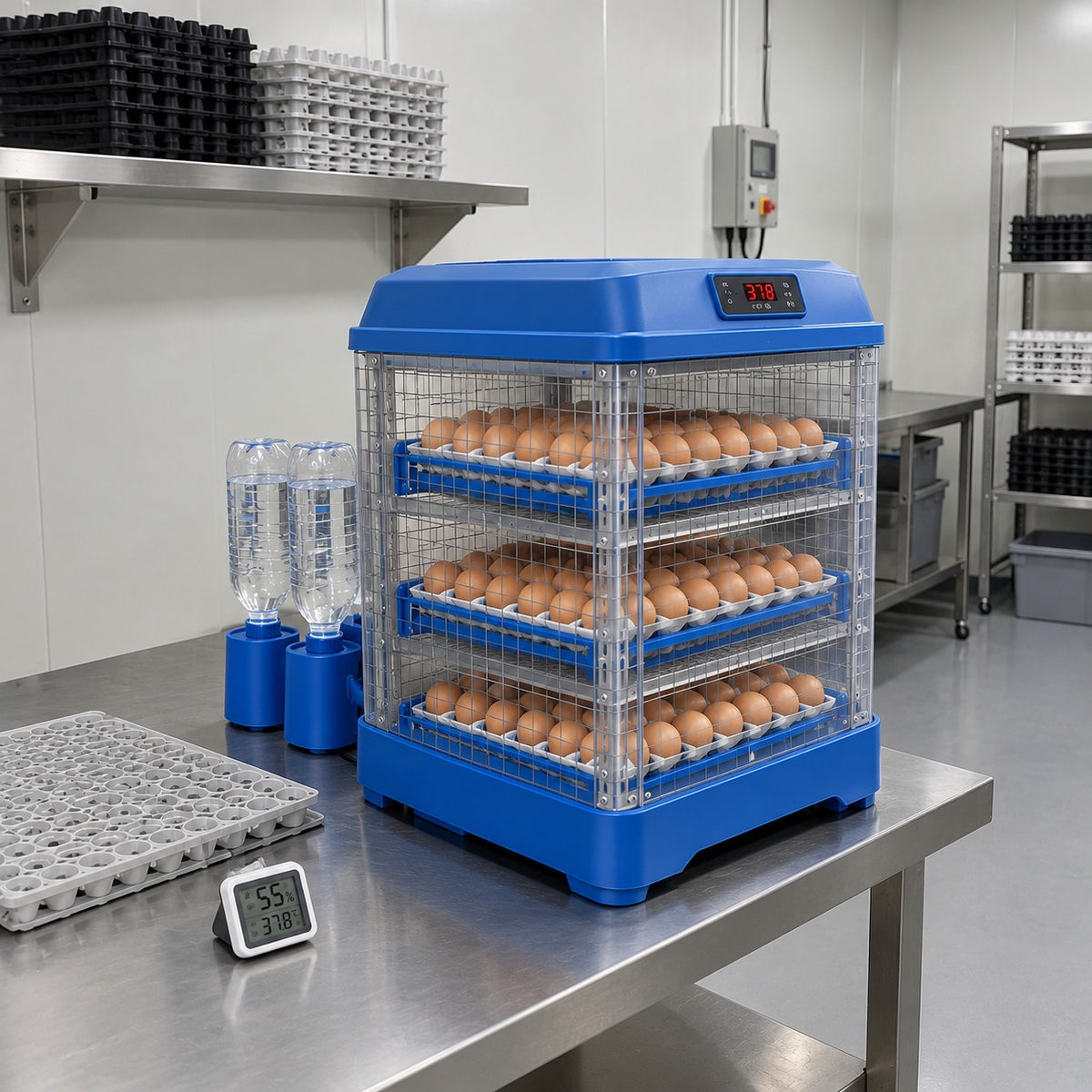 The 98-egg Ovatekly incubator on a stainless steel bench in a poultry breeding preparation room, egg flats and a hygrometer beside it