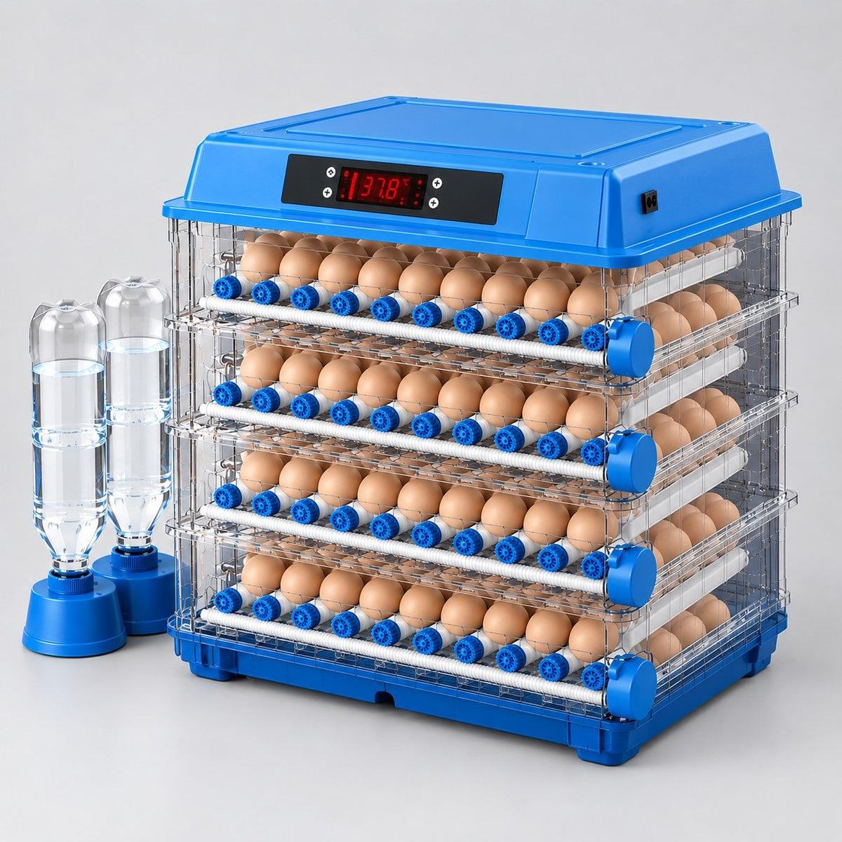 Ovatekly Farm, the 300-egg automatic incubator, four loaded trays, studio photograph on a light background