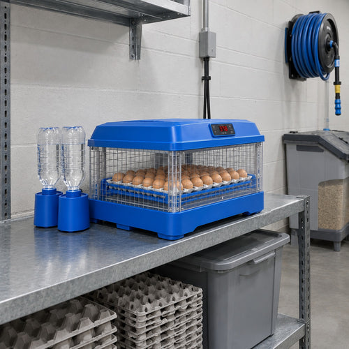The 48-egg Ovatekly incubator on a galvanised steel shelf in the utility room of a small breeding operation, egg flats stored below